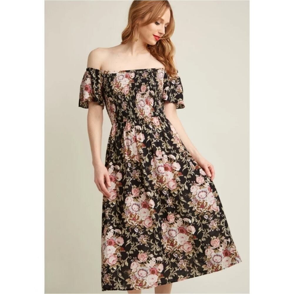 Lace & Mesh smocked floral boho midi off shoulder dress sz XL